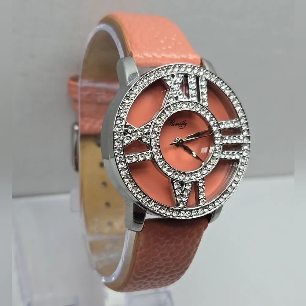 Womens Romilly Silver Tone Pink Crystals Rhinestones Watch New Battery 14015